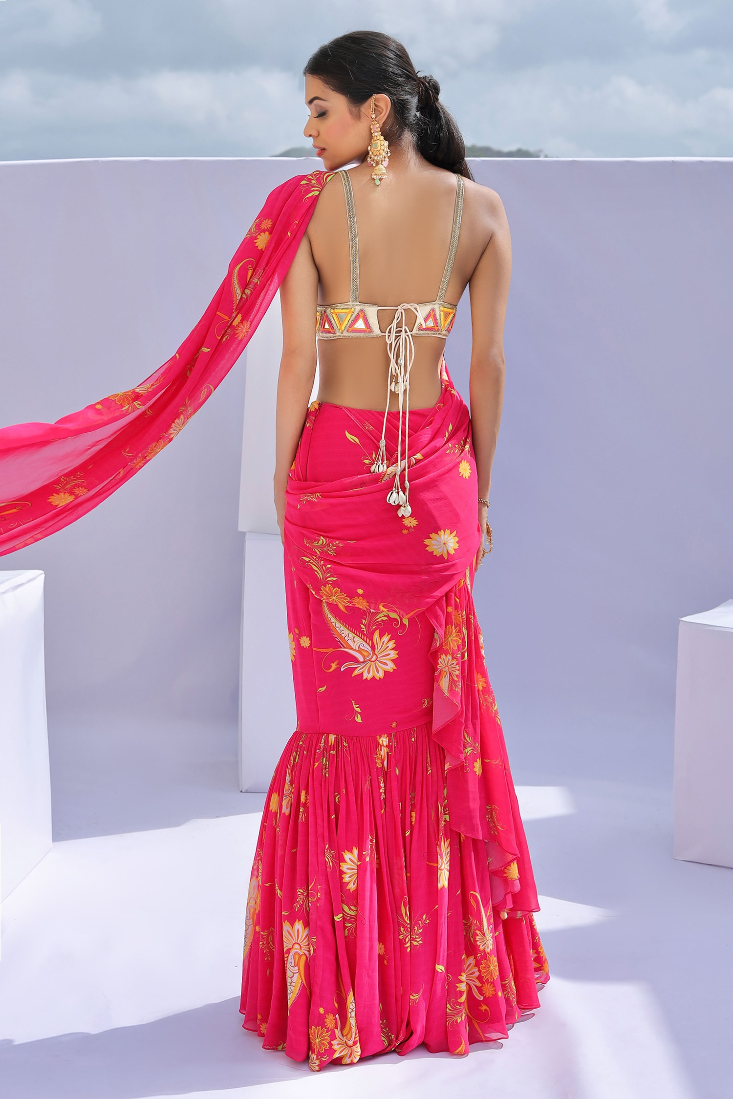 Buy Pink Georgette Printed Paisley Pre-draped Ruffle Saree With Blouse For  Women by Foram Patel Online at Aza Fashions.