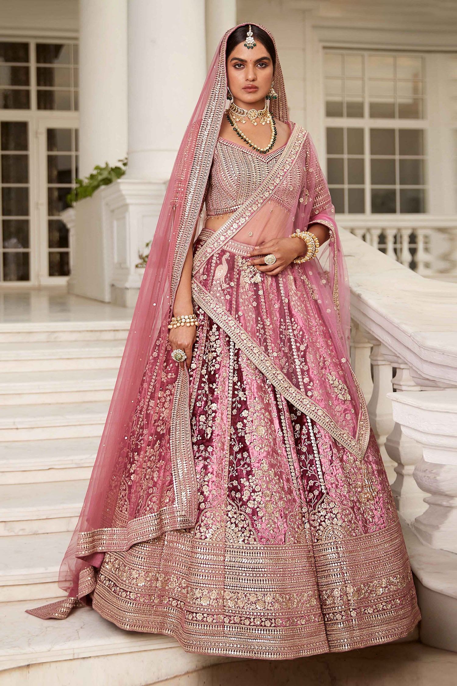 Basanti - Kapde Aur Koffee - Women Pink Velvet Embroidered Resham V Neck Zari And Sequin Lehenga Set For Women