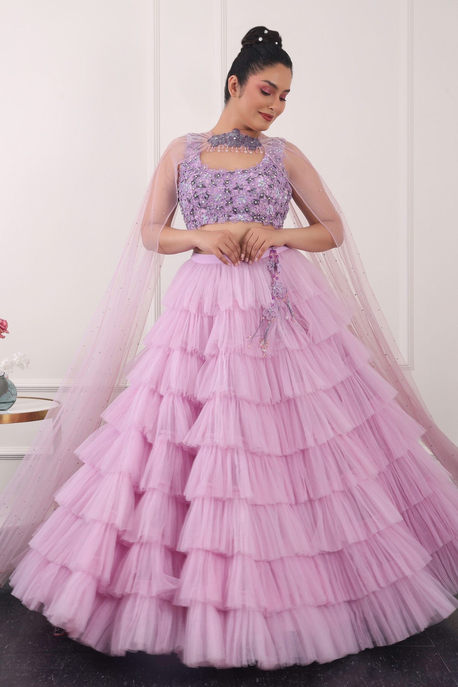 Buy KIRAN KALSI Purple Net Ruffle Layered Lehenga Floral Embroidered ...