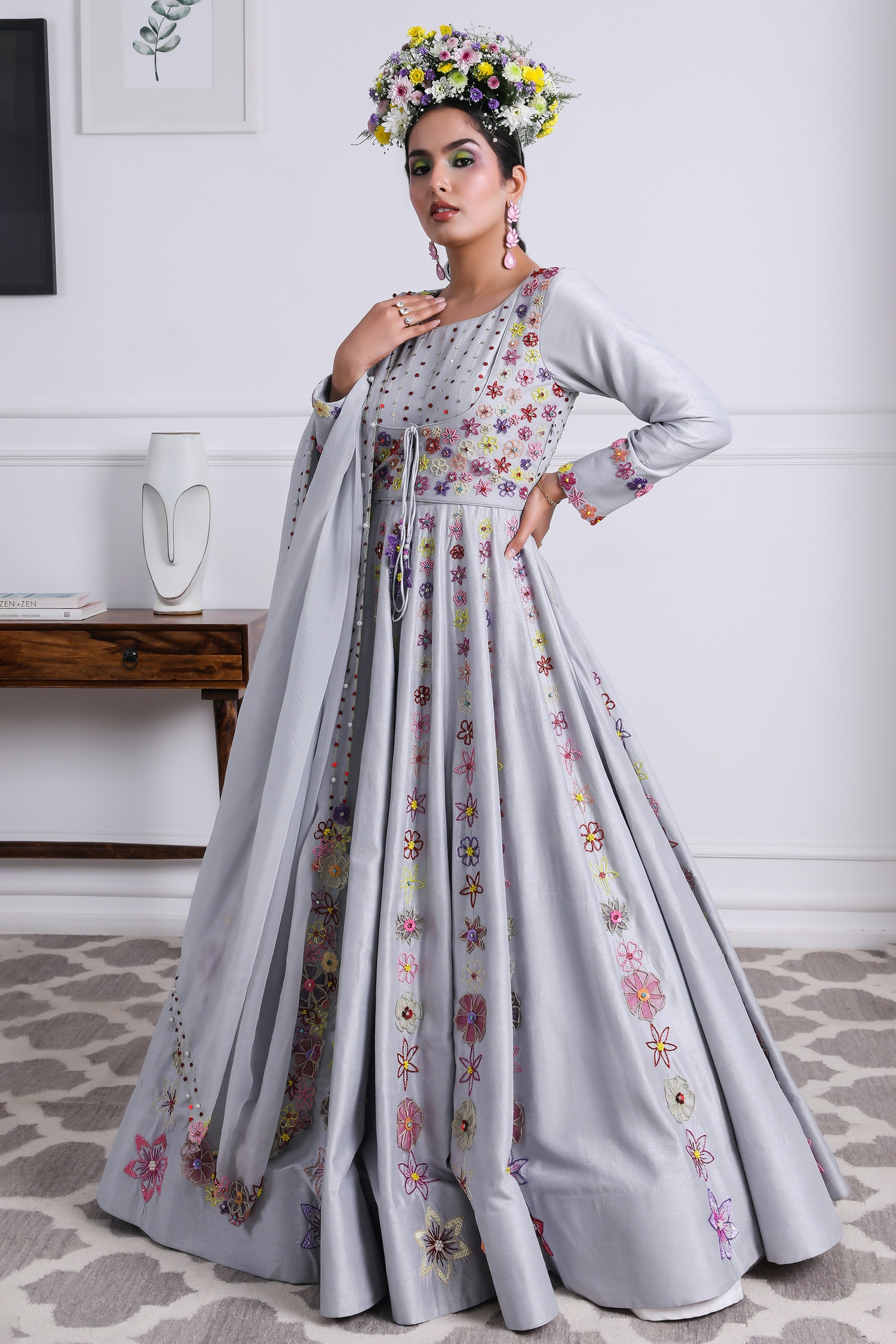 Grey dress with pink dupatta sale