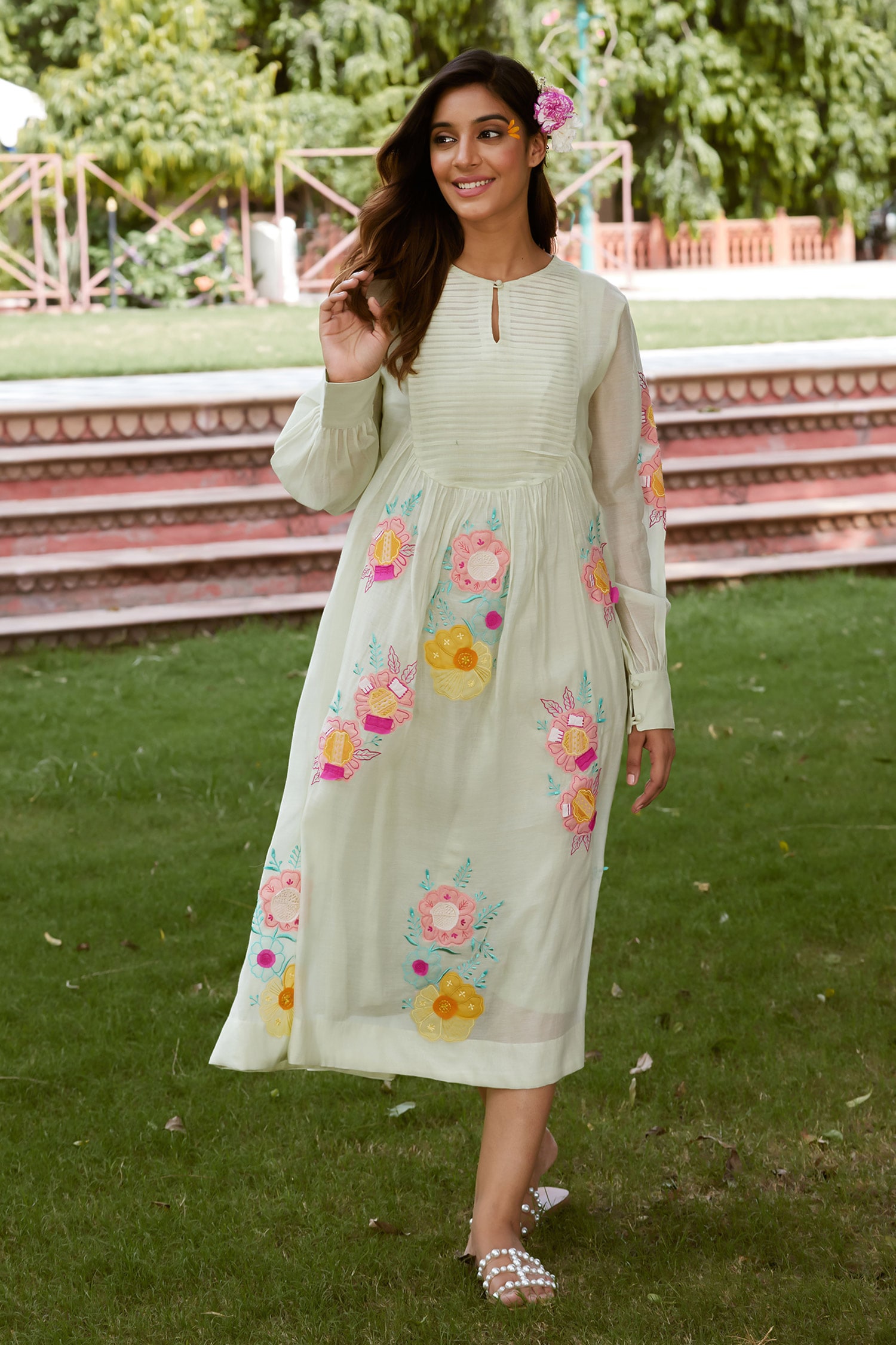 Buy Green Chanderi Cotton Flora Patch Pintucked Yoke Dress With Slip