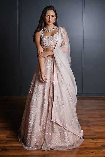3 pc SET - Rose Pearl Lehenga ,Blouse Fabric with Diamond studs, and Net dupatta with Lace