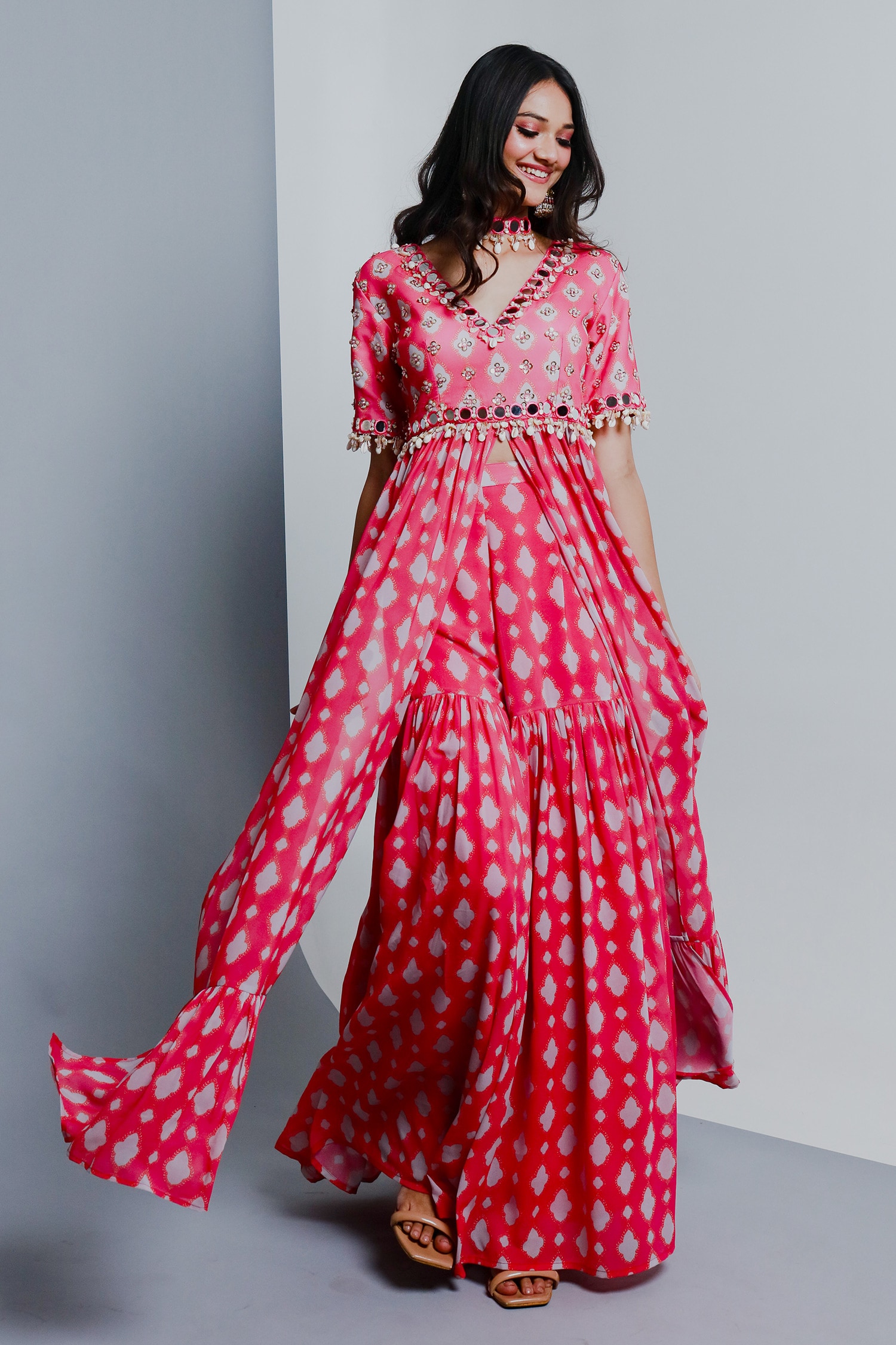 Buy Ria Shah Label Pink Poly Georgette Embellished Motif Pattern Long ...