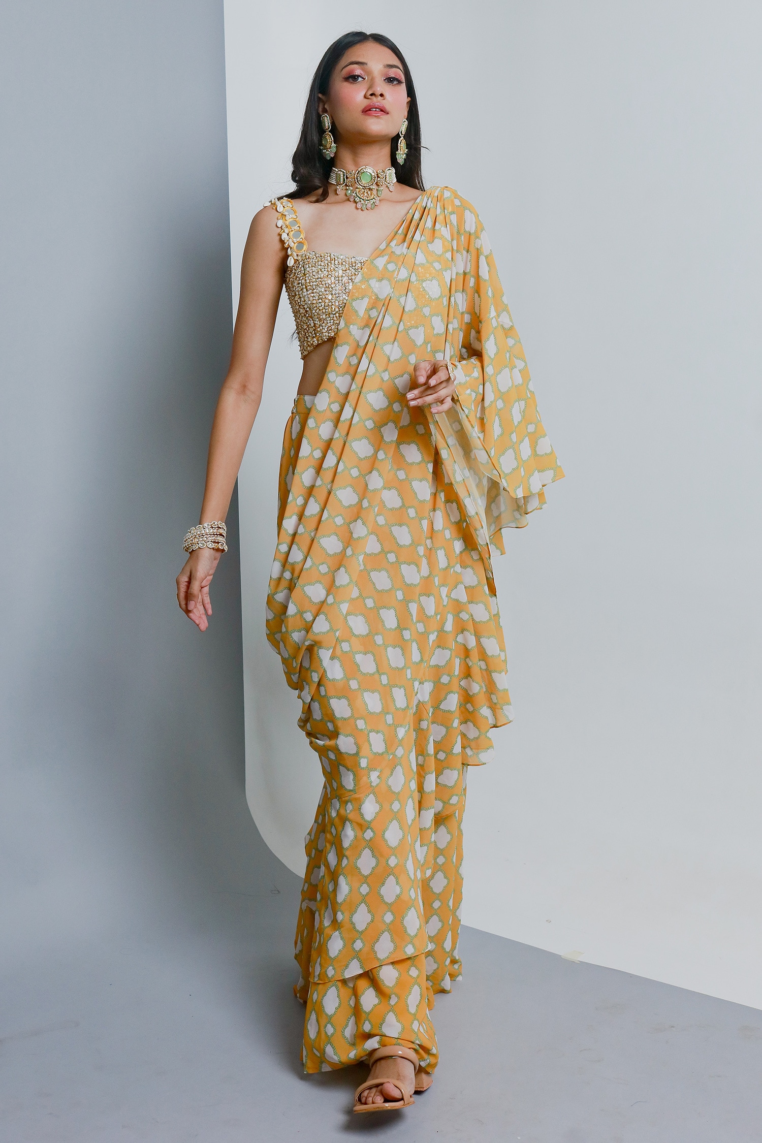 Buy Ria Shah Label Yellow Poly Georgette Motif Pattern Pre-draped Saree ...