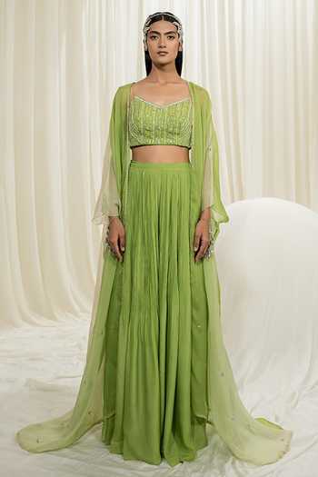 Buy Green Pure Crepe Embroidered Flared Sleeve Long Jacket Sharara