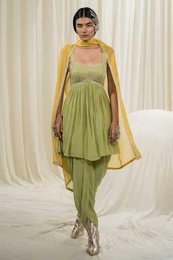 Women Teal Zari Embroidered Peplum Top With Dhoti Pants