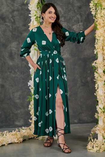 Women Green & Off-White Bandhani Printed Maxi Dress
