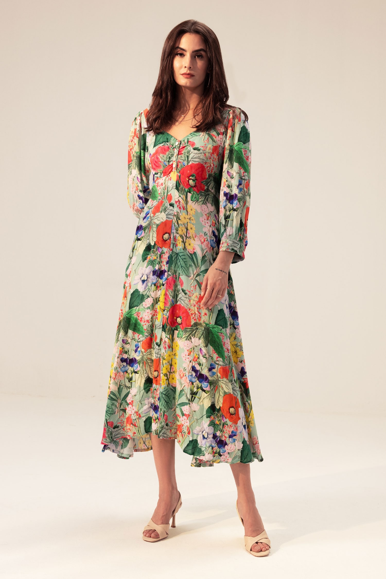 Buy REENA SHARMA Green Viscose Moss Crepe Eden Flower Print Midi Dress ...