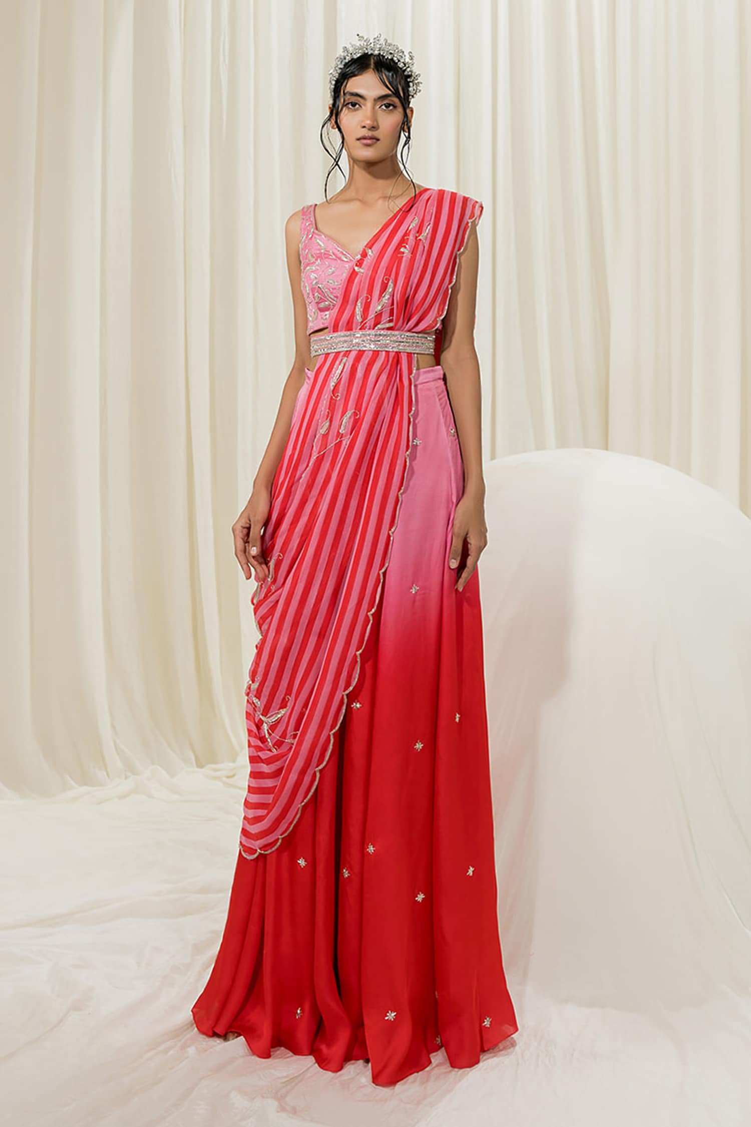 Light Pink-Red Palazzo Saree – Easestudio