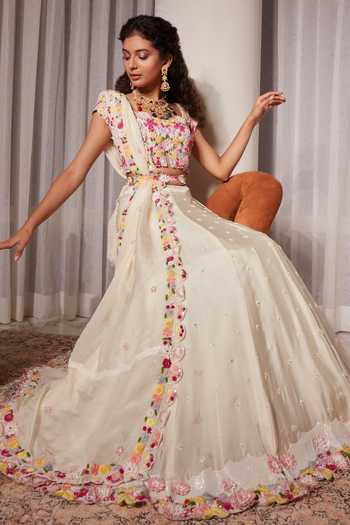 Buy Lalita Dagliya White Silk Organza Thread Embroidered Lehenga Set ...
