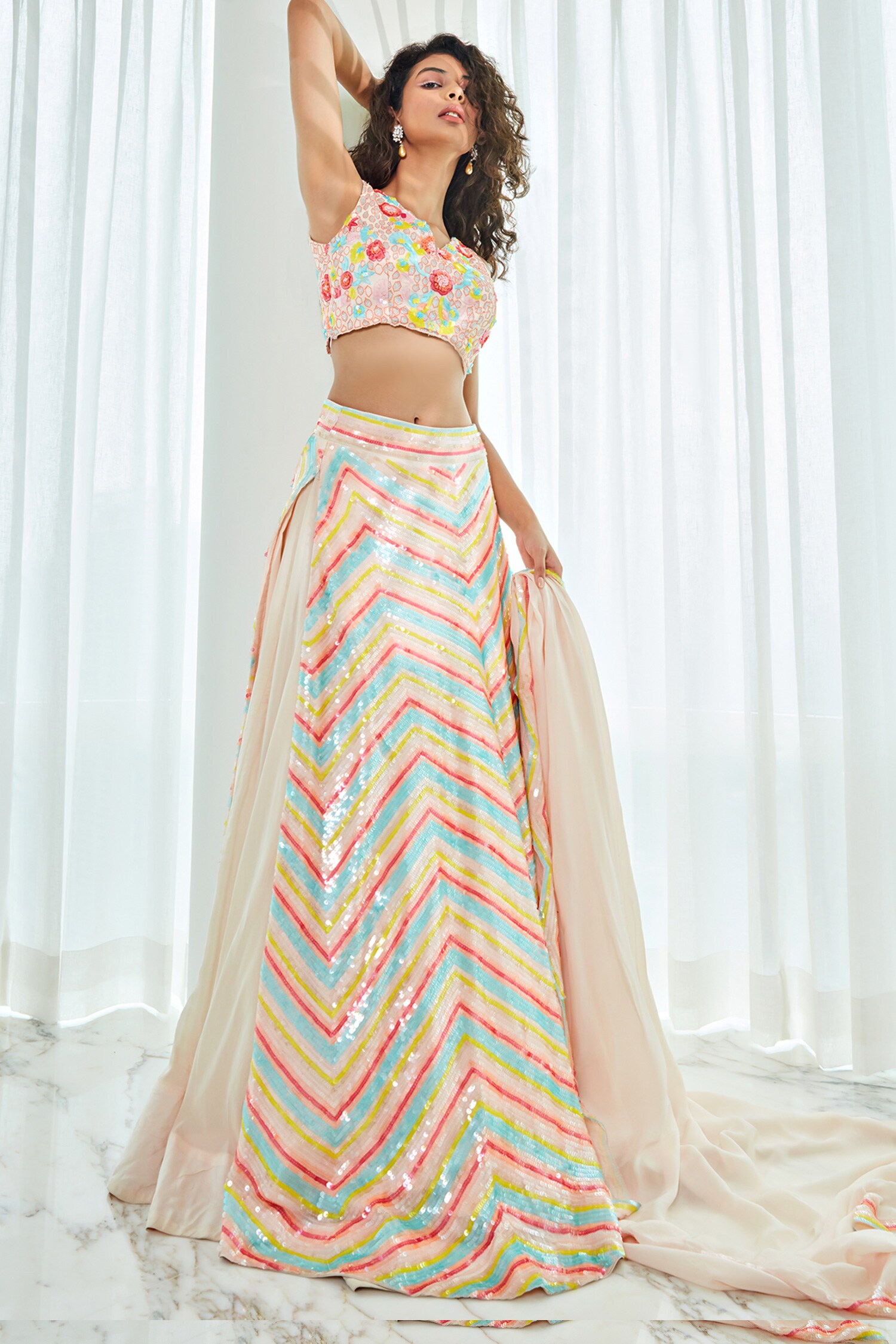 Buy Multi Color Silk Organza Embroidered Geometric V Sequin Skirt Set For Women by Lalita ...