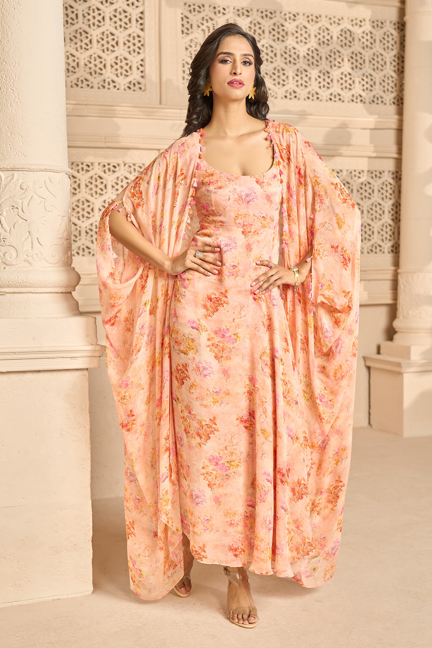 Buy Peach Georgette Printed Floral Patterns Dress Draped And Cape Set For  Women by Aariyana Couture Online at Aza Fashions.