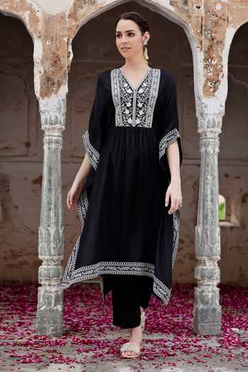 Seher Jaipur Black Muslin, Silk, Cotton Embroidery V-Neck Fiza Long Kaftan and Pant Set| AZA Fashions| Sangeet