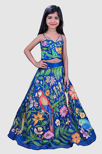 Blue Floral Top in Layered Frills With Lehenga in Printed Muslin for Girls main image 1