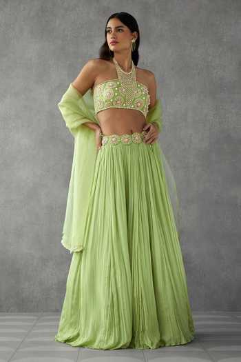 Lime Cascade Drape Lehenga with Hand-Embroidered Designer Blouse