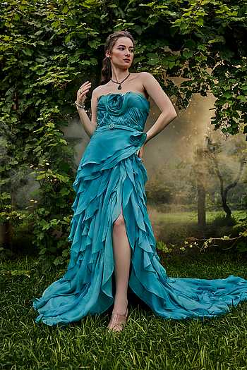 Buy BAYA Blue Chiffon Ruffled Gown With Attached Trail Online | Aza ...