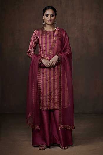 Cream Multi Colored Printed Straight Kurta With Magenta Skirt main image 1