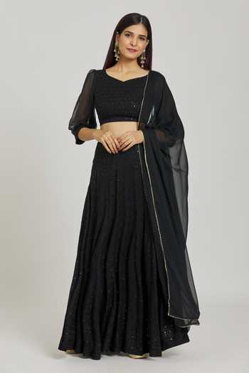 Buy Black Rayon Embroidery Mirror V Neck And Thread Lehenga Set For ...