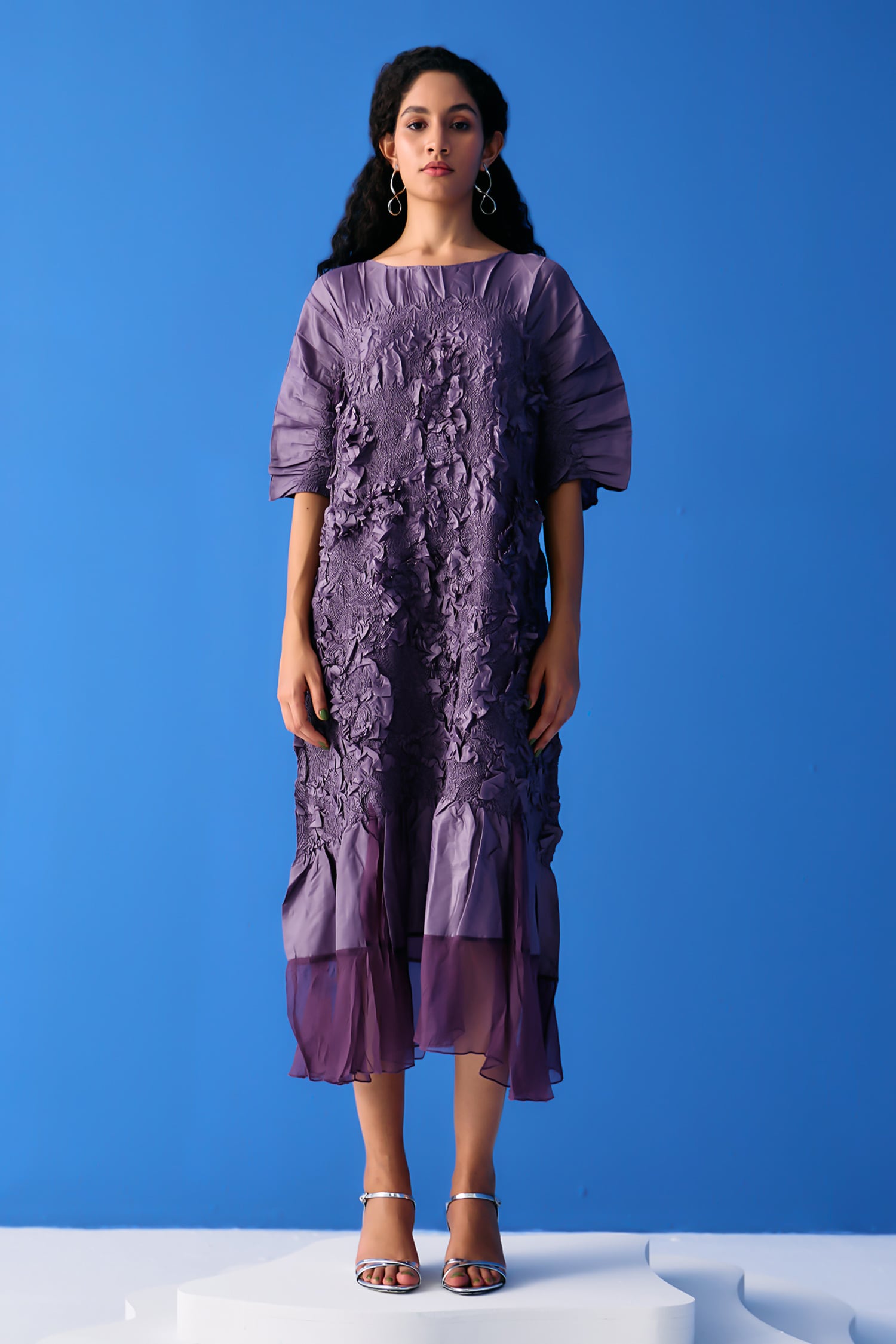 Buy Purple Crinkled Crepe Round Boat Neck Midi Dress For Women by Pleats By Aruni Online at Aza ...