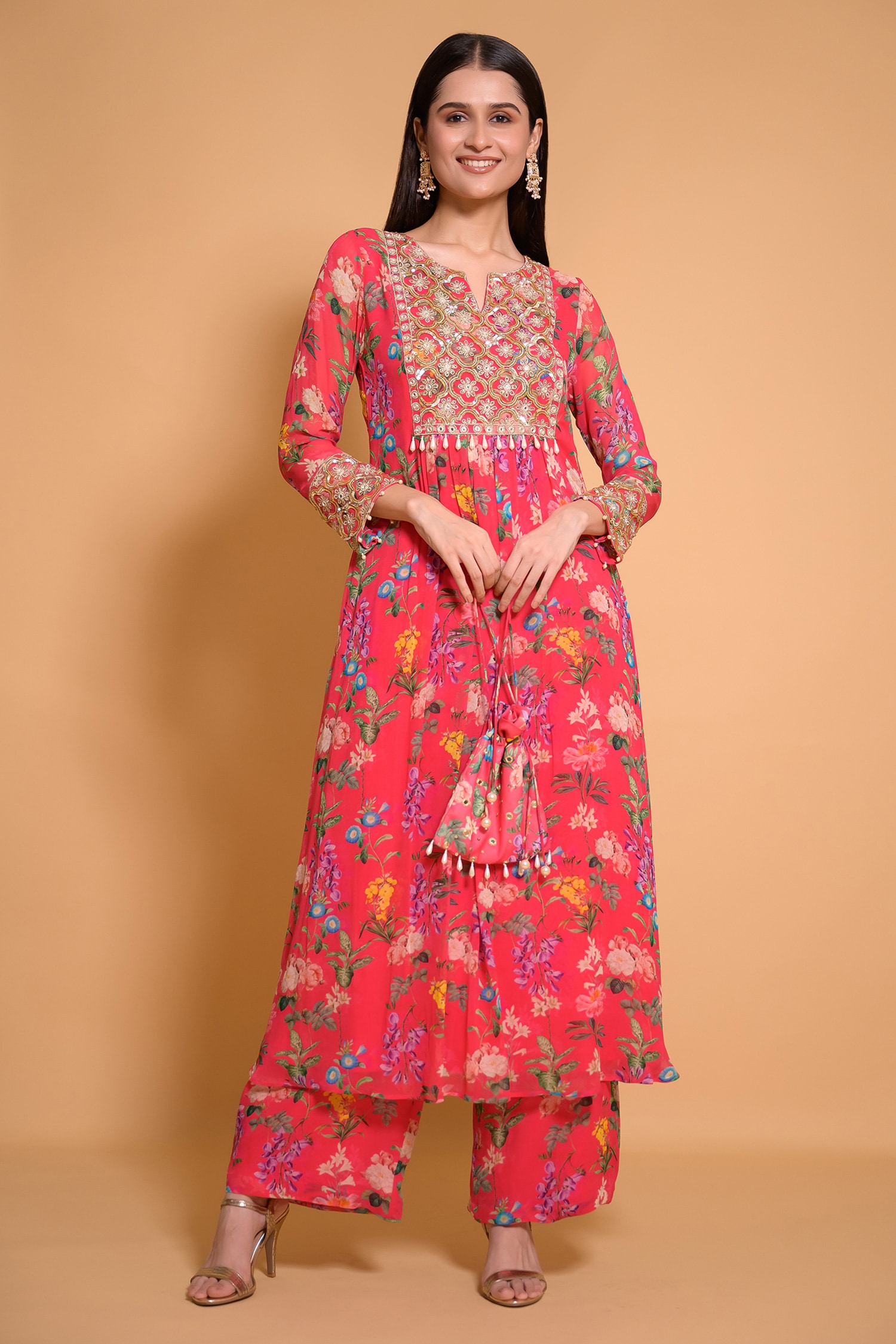 Buy Seams Pret And Couture Pink Georgette Freya Floral Print Kurta