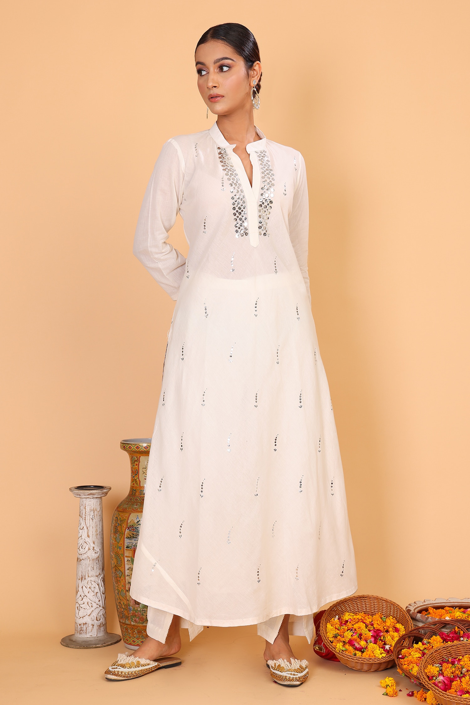 Nazar by Indu Off White Cotton Mandarin Collar Mukaish Work Kurta And Pant Set For Women