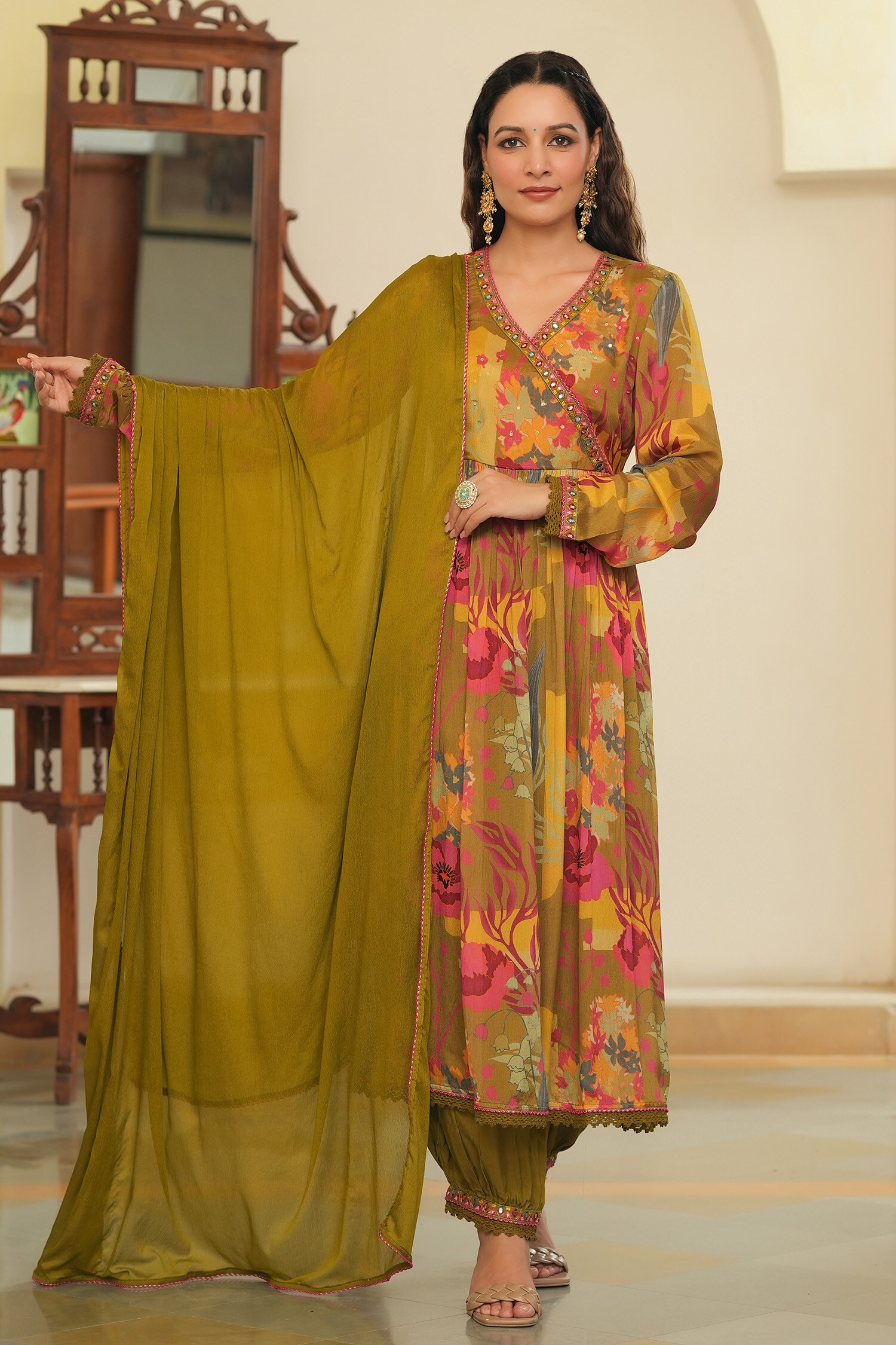 Buy Yellow Anarkali And Dupatta Chinnon Printed Floral V Flower Pant