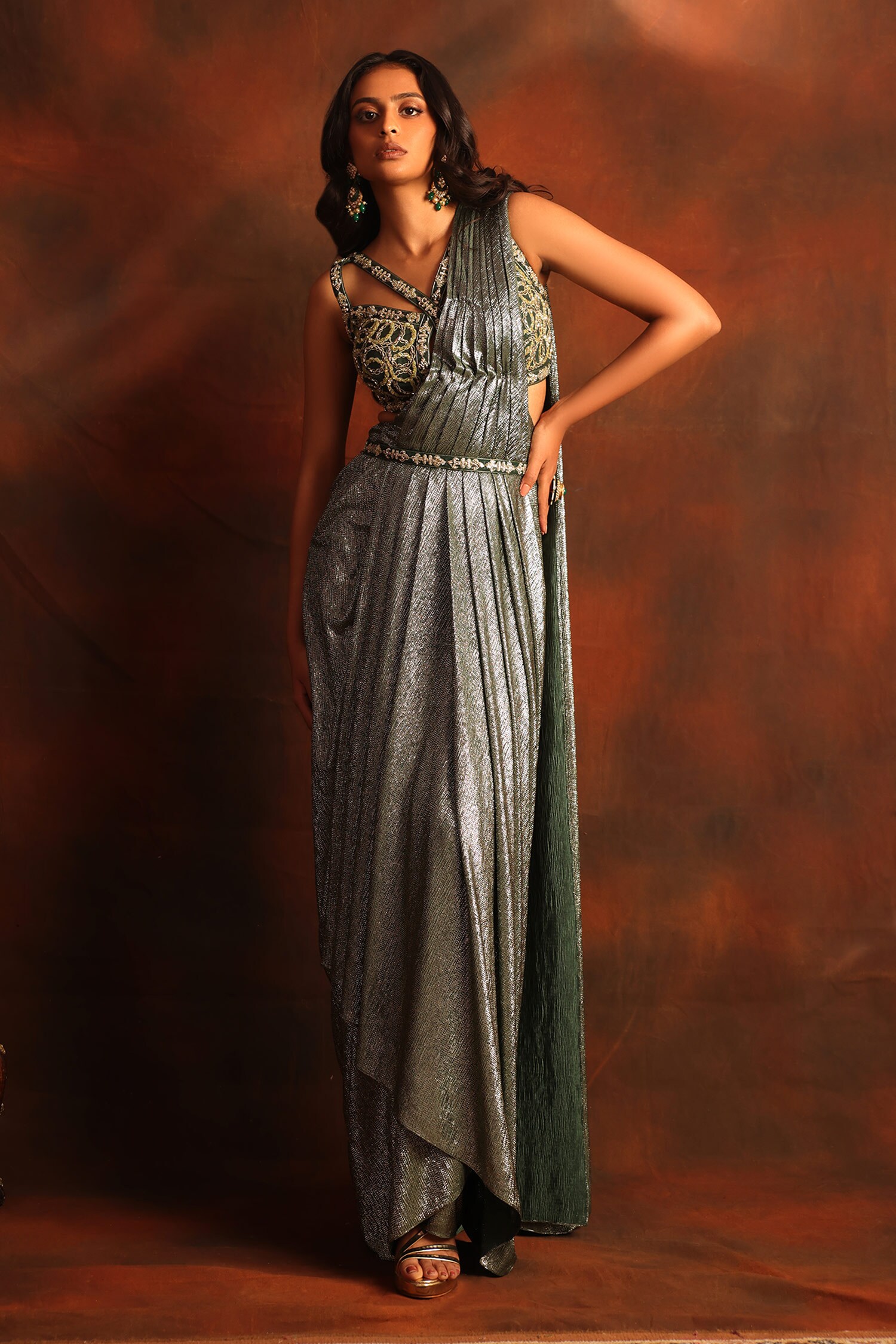 buy-kaaisha-by-shalini-green-italian-lycra-metallic-pre-draped-saree