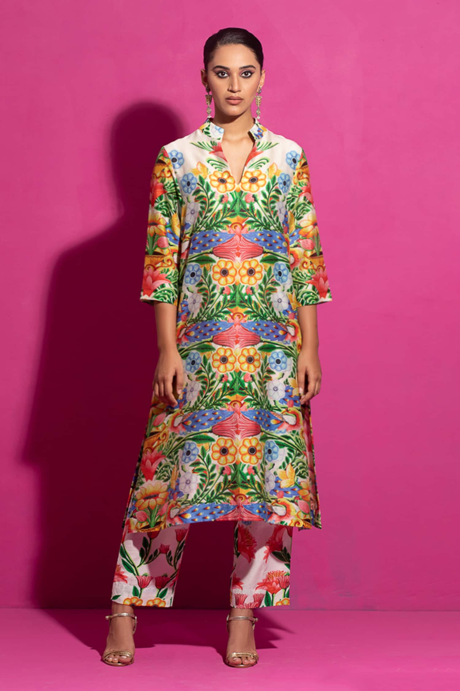 Buy Multi Color Chanderi Print Kali Champa Stand Collar Kurta With Pant