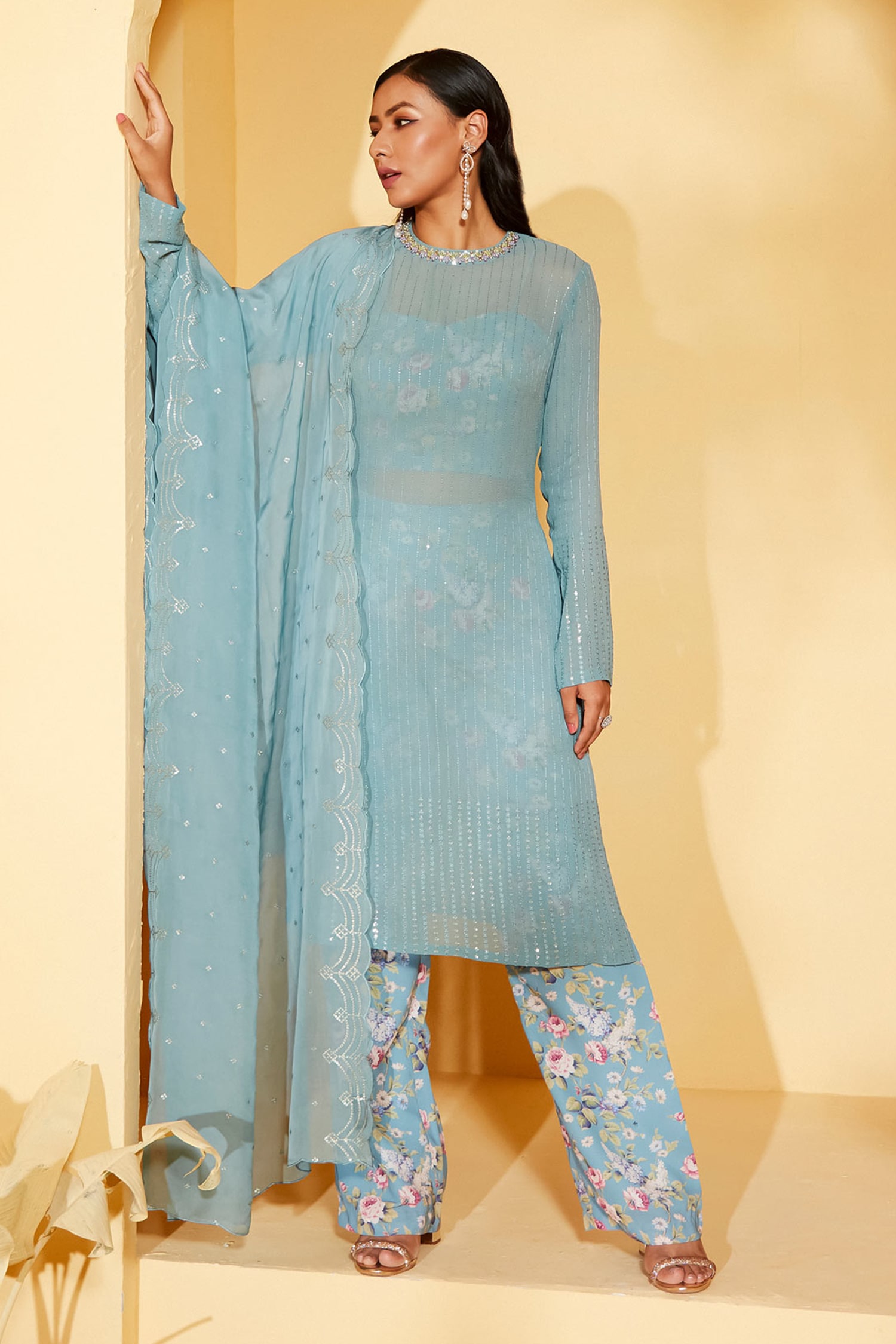 Buy Blue Georgette Printed Floral Round Sequins Embroidered Kurta Pant