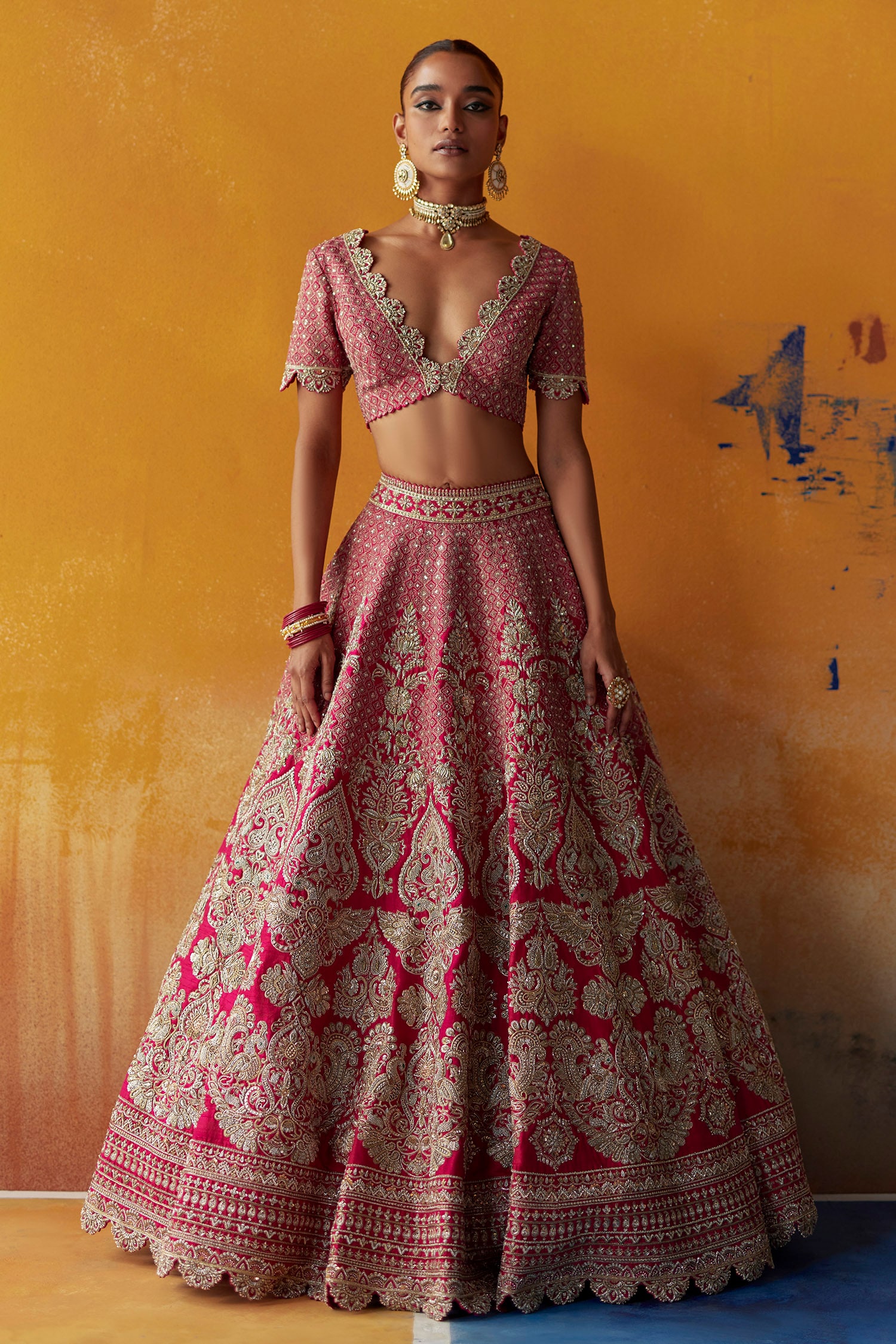 Buy Pink Raw Silk Embroidered Zardozi And Badla Rani Bridal Lehenga Set For Women By Mrunalini 2342