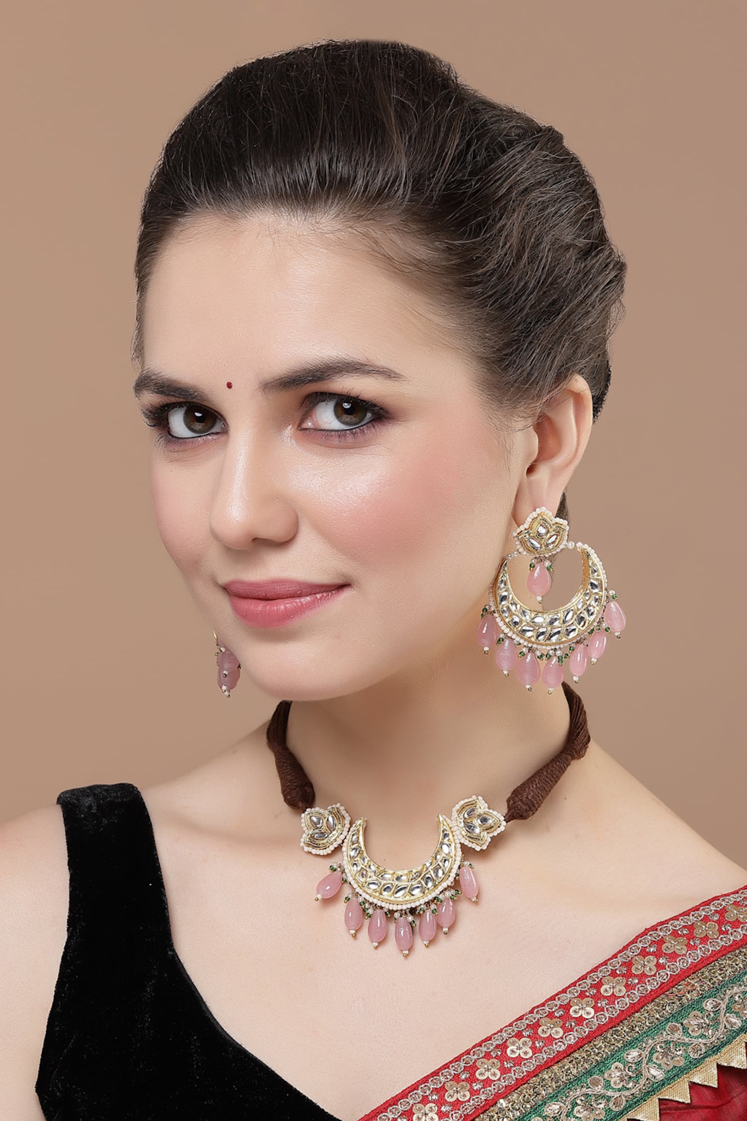 Buy Pink Kundan Natural Stone Work Choker Necklace Set by Dugran By