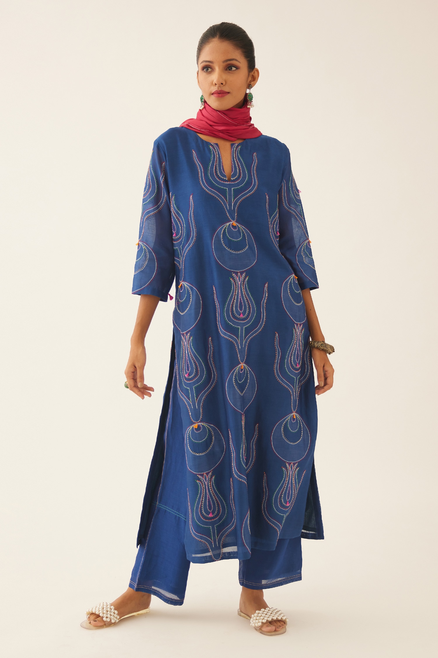 Buy Kora Blue Applique Work Kurta Pant Set Online | Aza Fashions
