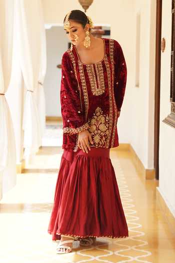 Maroon Hulter Kurta with Gharara Set
