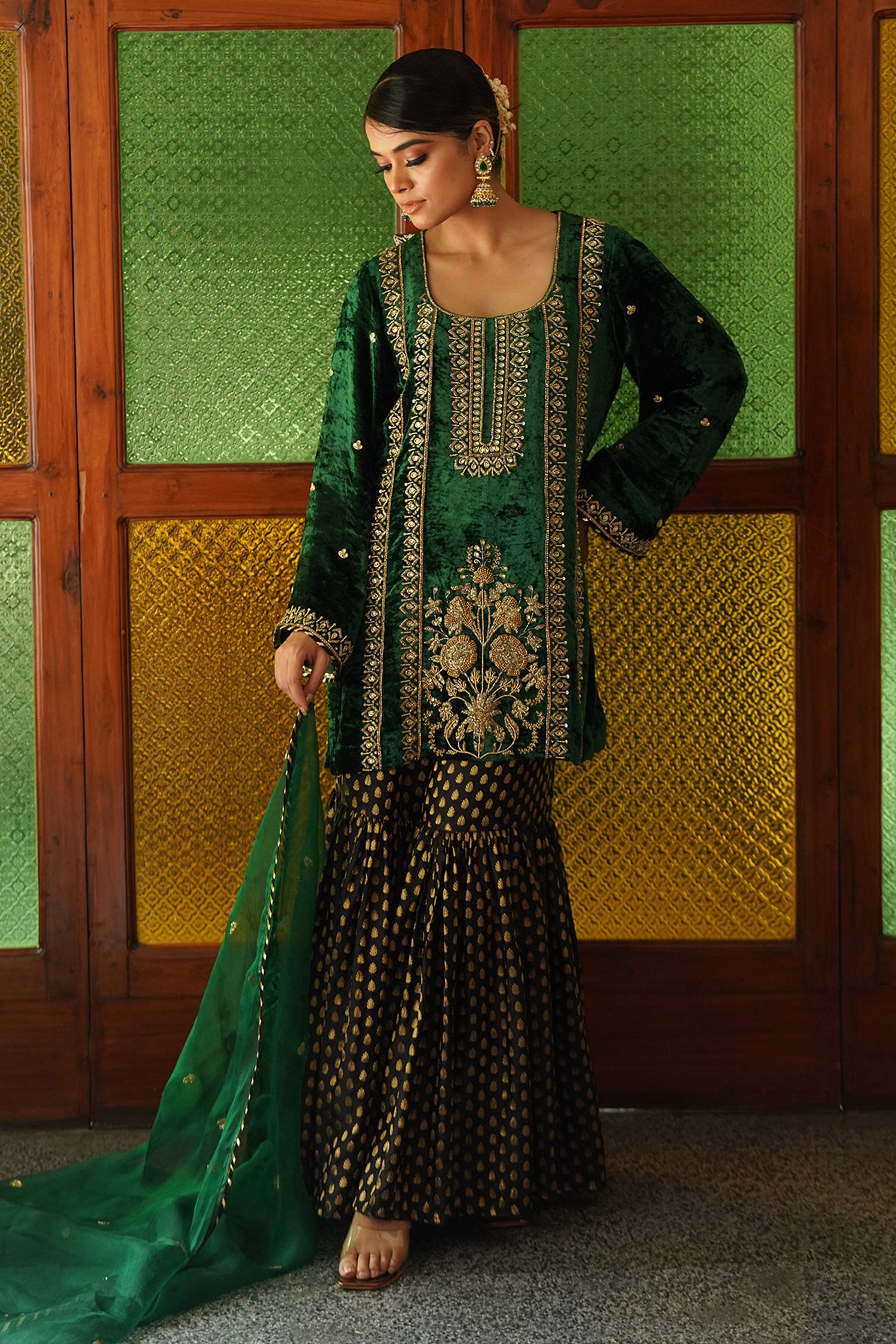 Buy Green Kurta Silk Velvet Embroidered Zardosi And Aari Work Gharara ...