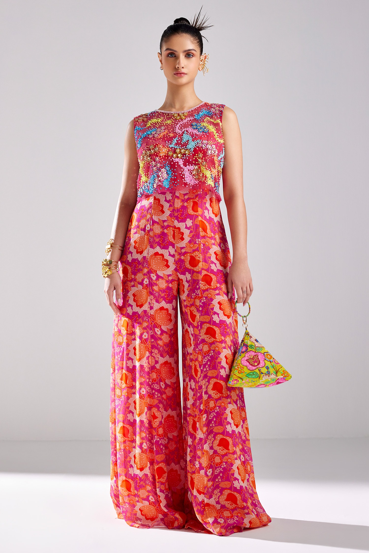 Buy DiyaRajvvir Fuchsia Tulle Sequin Embroidered Crop Top Jumpsuit Set Online Aza Fashions