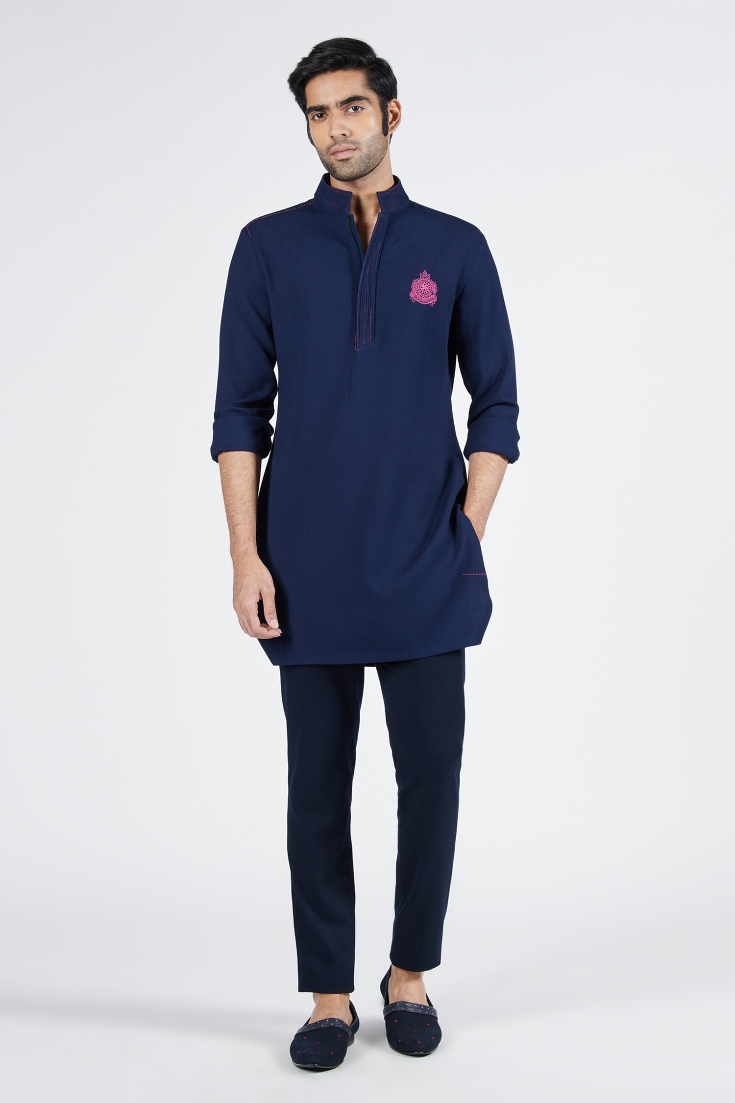 Buy Blue Terylene Embroidered Crest Placement Short Kurta For Men by S ...