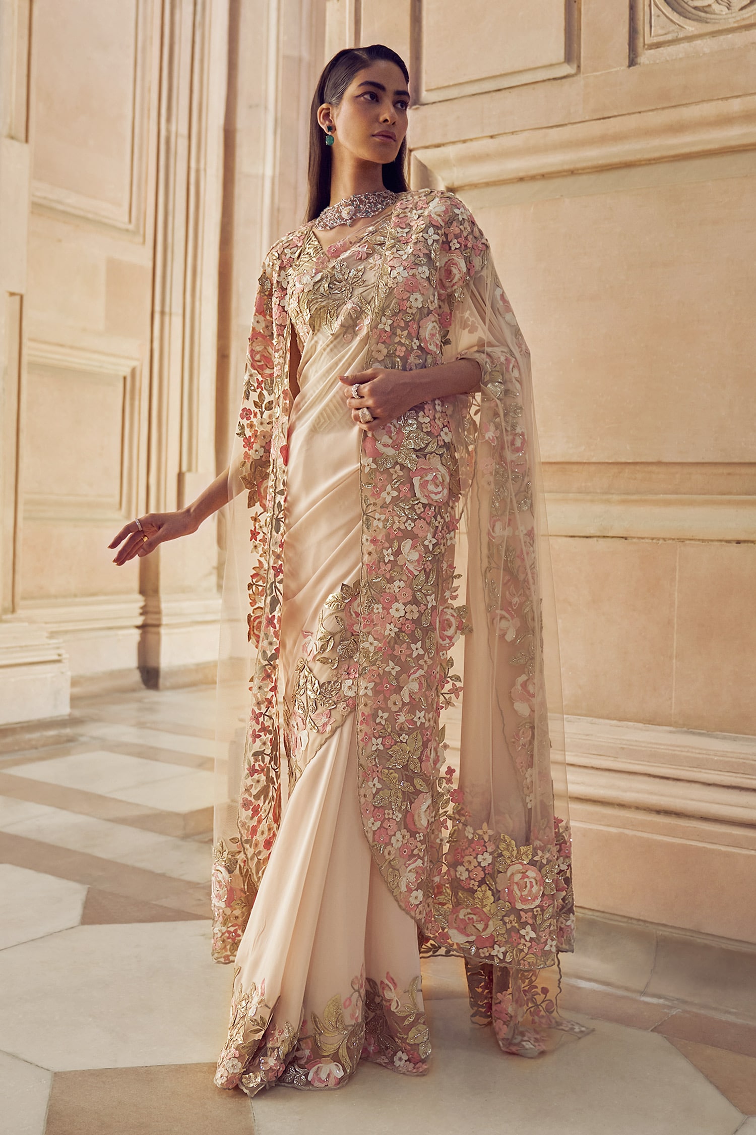 Buy Pink Blouse And Cape Tulle Hand Embellished Zora Flower Saree Set ...