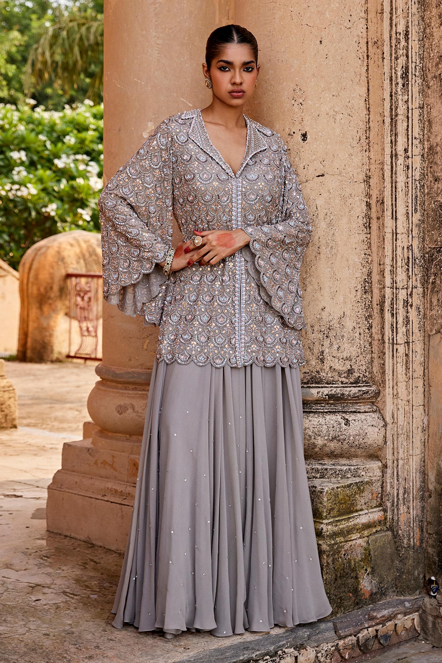 Buy Grey Embroidered And Embellished Zari Jacket & Pant Set For Women by Amitabh