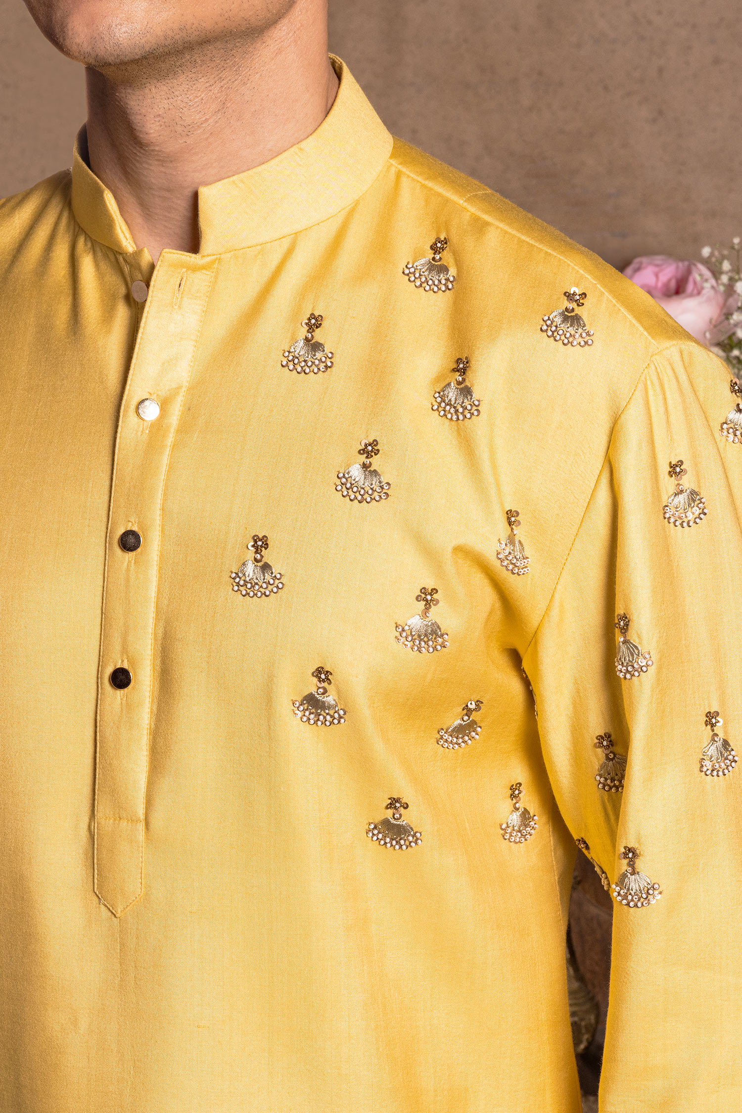 Buy Yellow Cotton Silk Hand Embroidery Floral Kurta With Pant For Men by Amrit  Dawani Online at Aza Fashions.