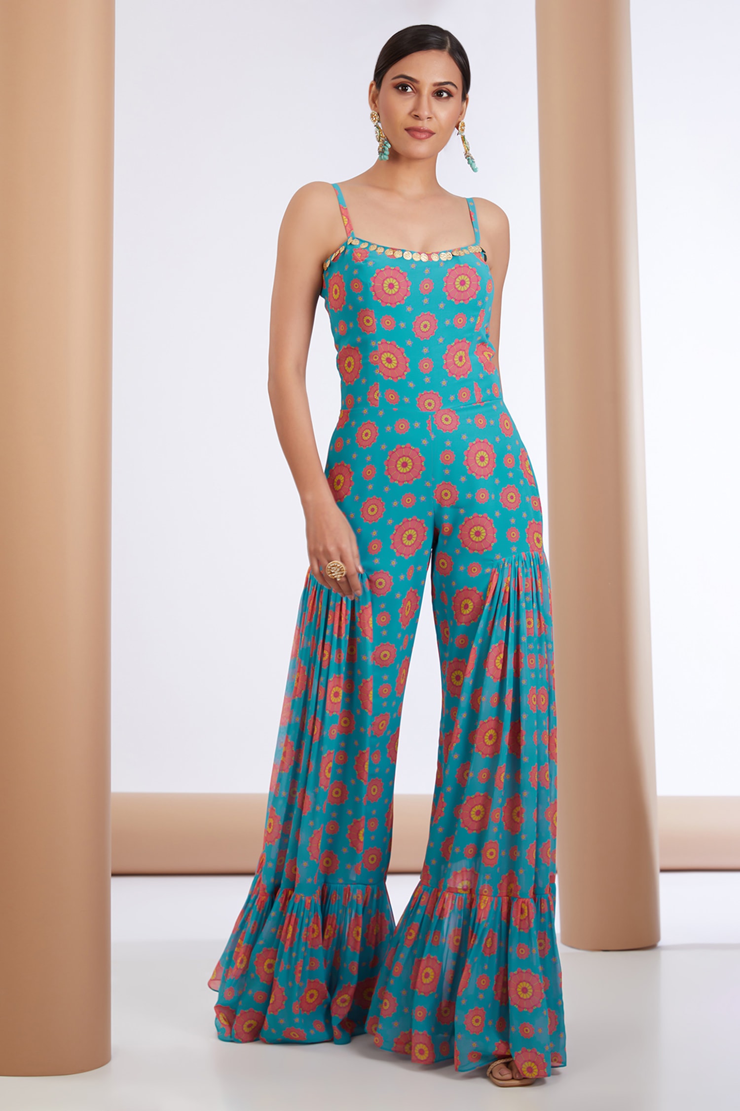 Buy Blue Georgette Printed Floral Square Embellished Jumpsuit For Women ...