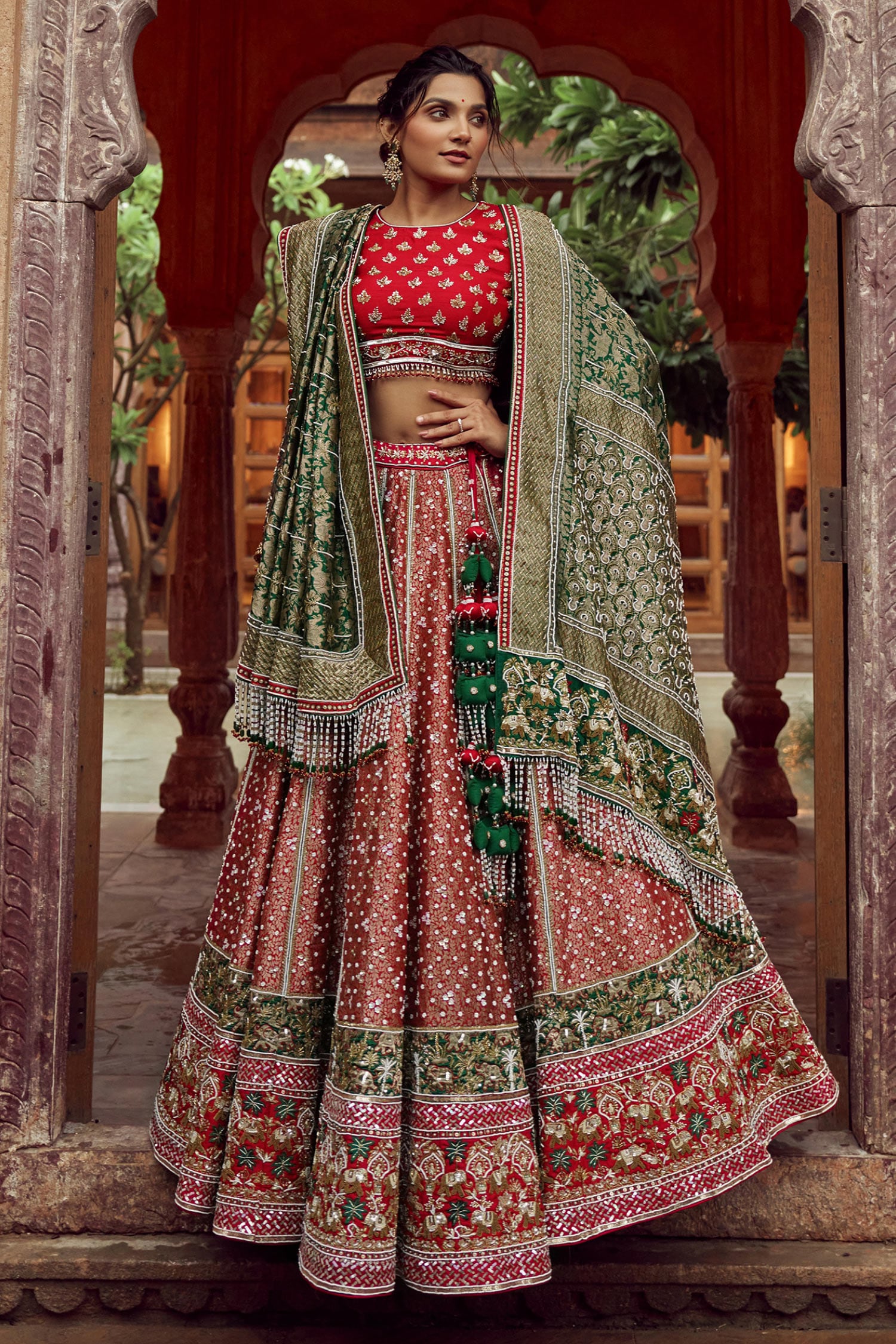 Deep Red Traditional Bridal Lehenga Set with Gold Embroidery and Matching  Dupatta - Seasons India
