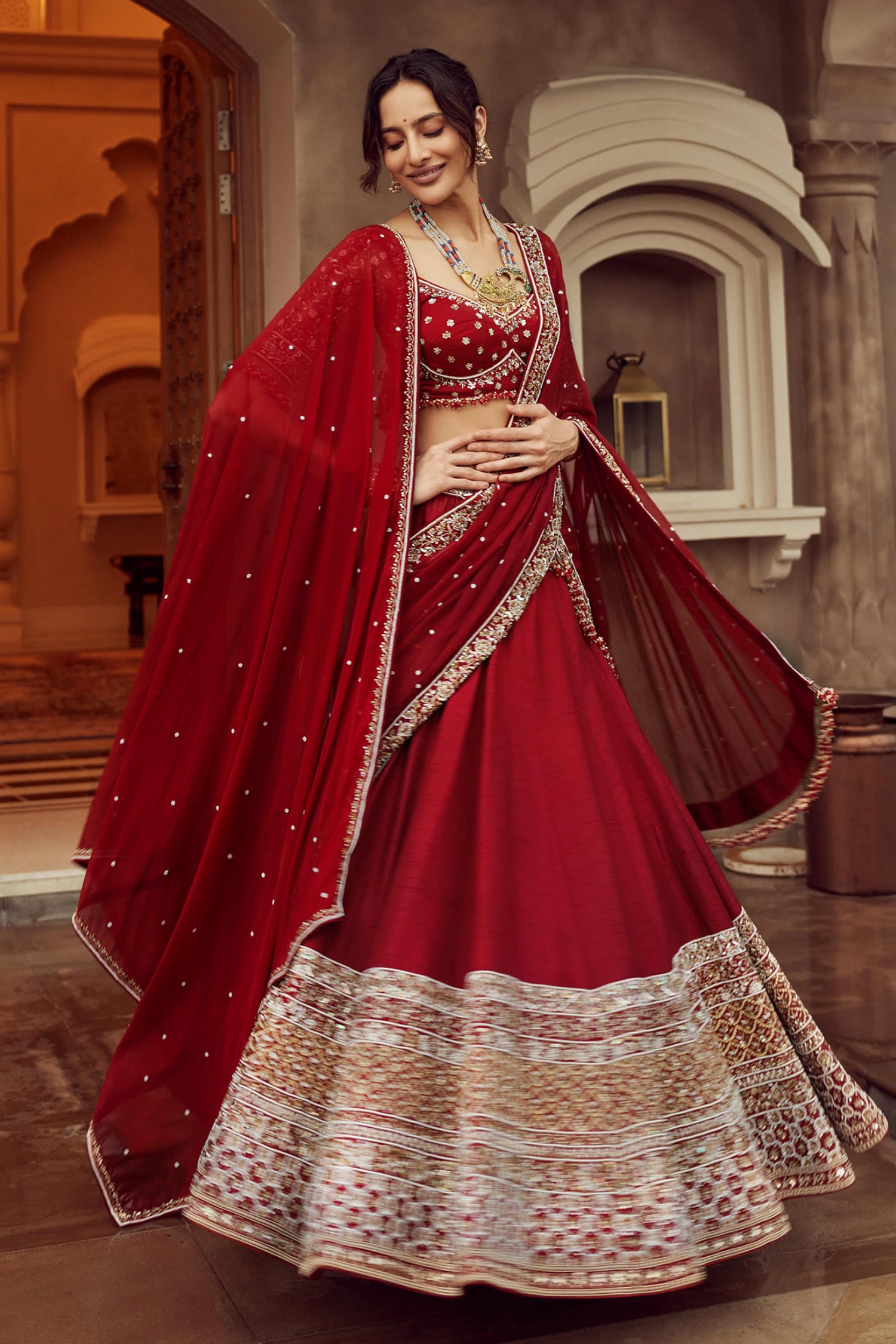 Burgundy Big Floral Jaal Bridal Lehenga Set