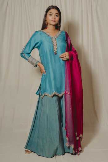 WomenBlue Vichitra Silk Embroidery & Printed Round Neck Kurta Sets