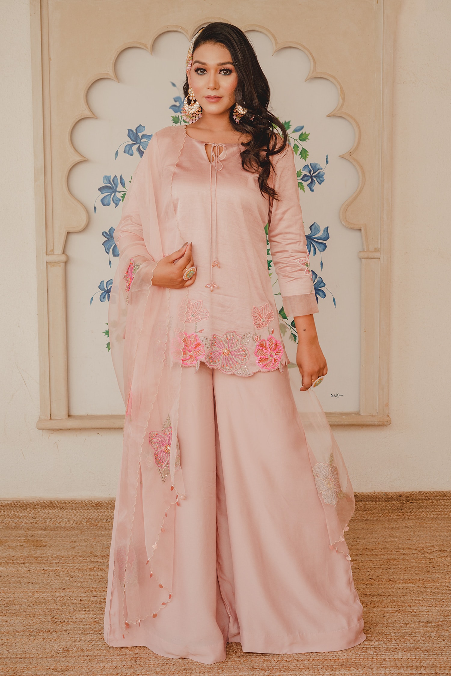 Buy Aarvi Pearl Pink Long Kurta With Palazzo And Dupatta by