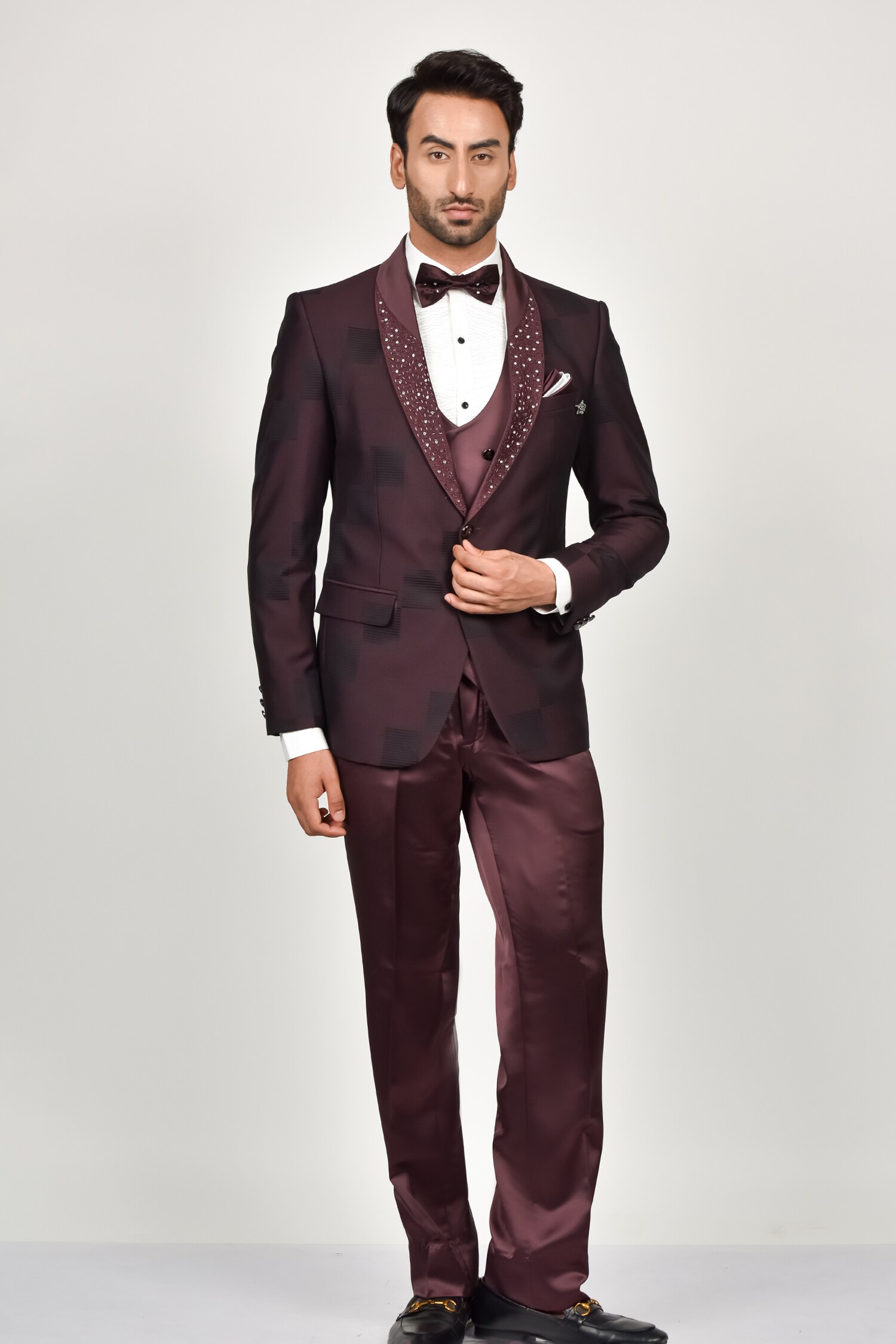 Buy Soniya G Wine Crepe Embroidered Shawl Collar Tuxedo Pant Set Online ...