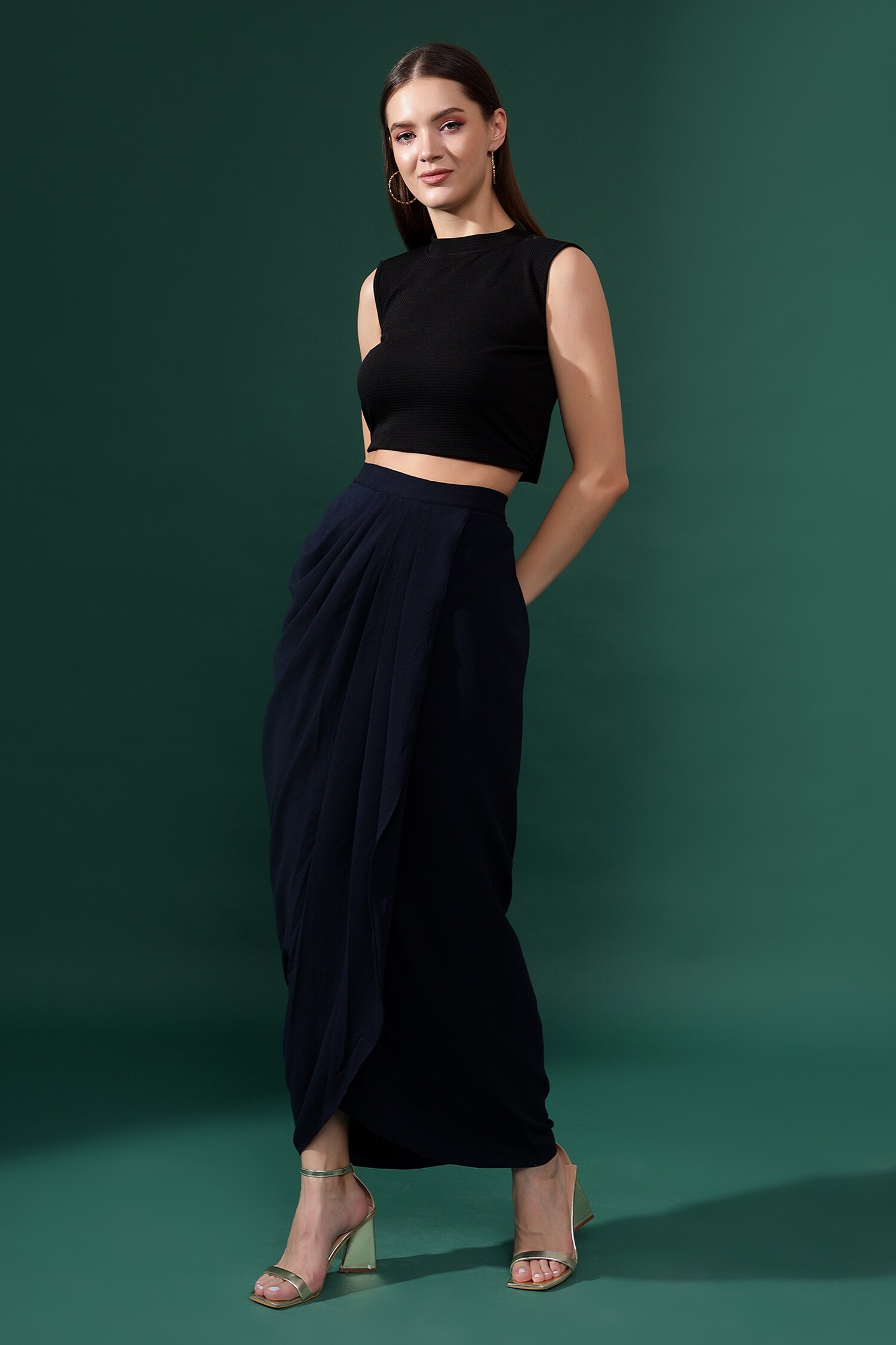 Aakaar - Blue Moss Crepe Plain Front Pleated Draped Skirt