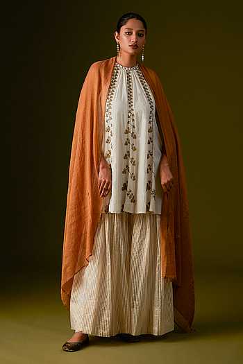 Women Purple georgette Aari work A-Line Kurta with Sharara