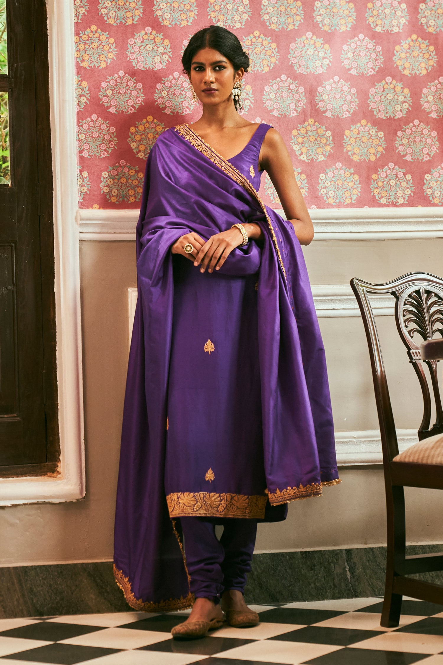 Buy The Whole Nine Yards Purple Dupion Silk Heer Hand Embroidered Kurta Churidar Set Online