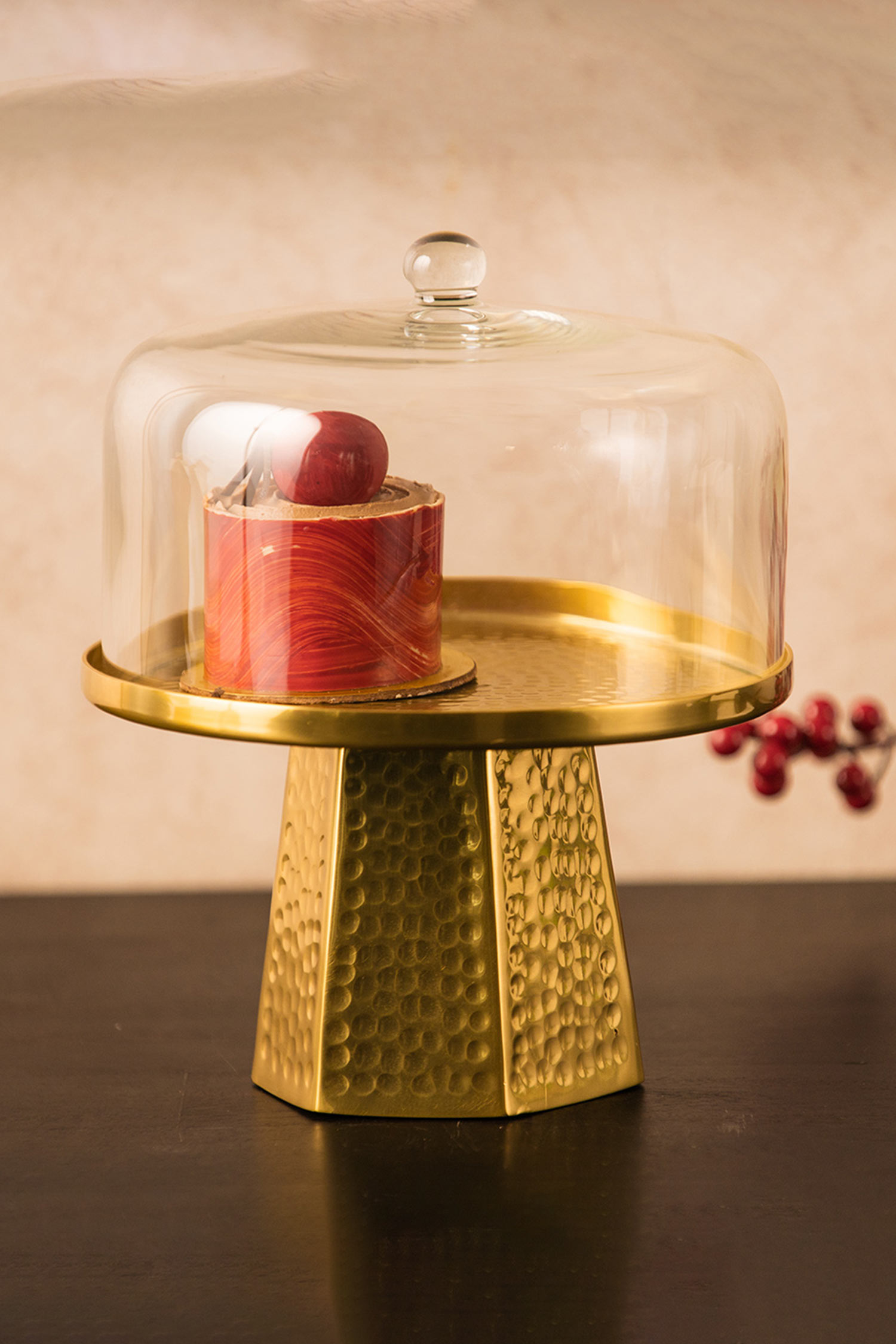 S.G. Home Gold Metal And Glass Hammered Cake Stand With Cloche