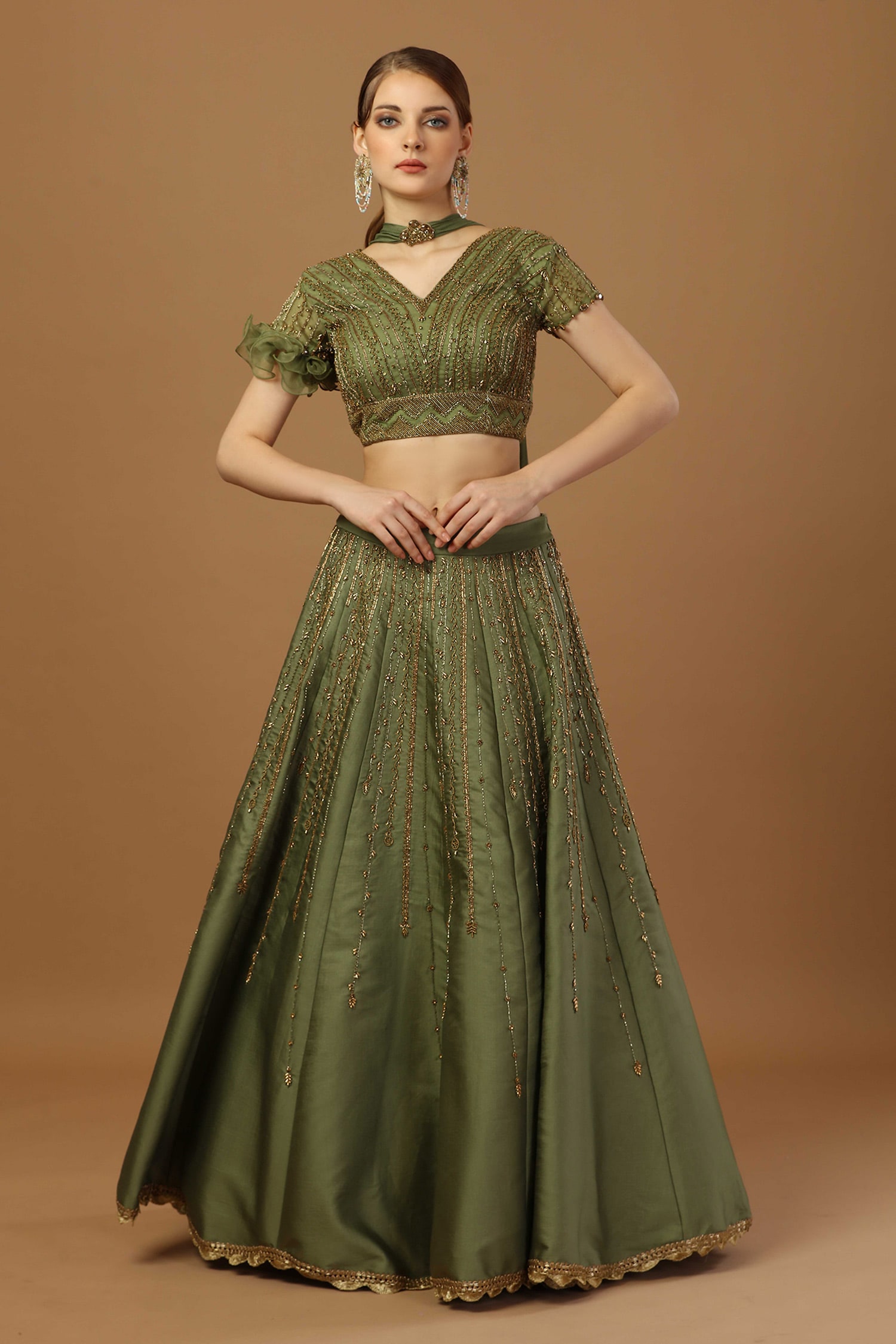 Buy Green Blouse And Skirt Modal Satin Embroidered Nakshi Ruffle Sleeve  Lehenga Set For Women by Merge Design Online at Aza Fashions.